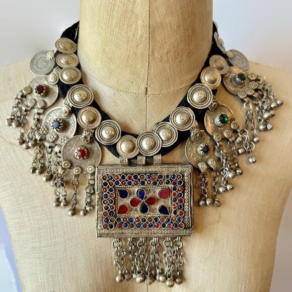 Afghan Necklace, Middle Eastern, Vintage Belly Dance Boho Coins Jewels Statement - Picture 6 of 6
